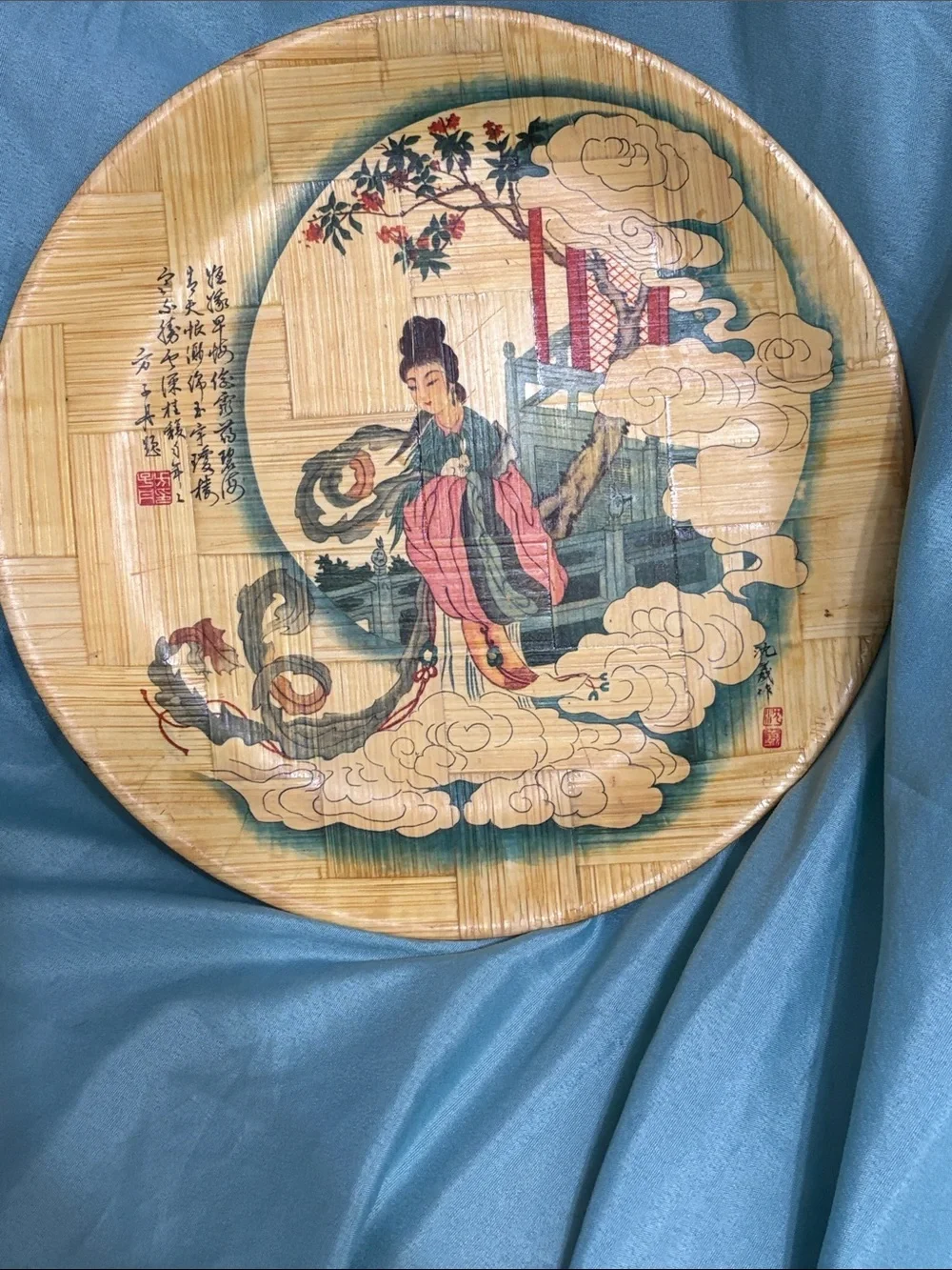 Vintage Decorative Bamboo Plate Goddess of the Moon Geisha Chinese